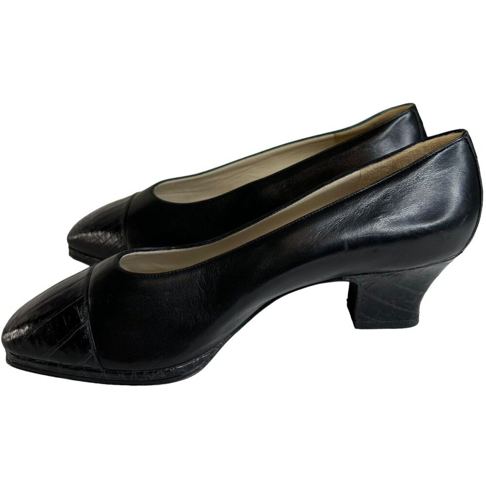CHANEL Pump Size US 5.5 EU 36 Black Leather Block Mid Heel Closed Toe Made Italy - Picture 7 of 16